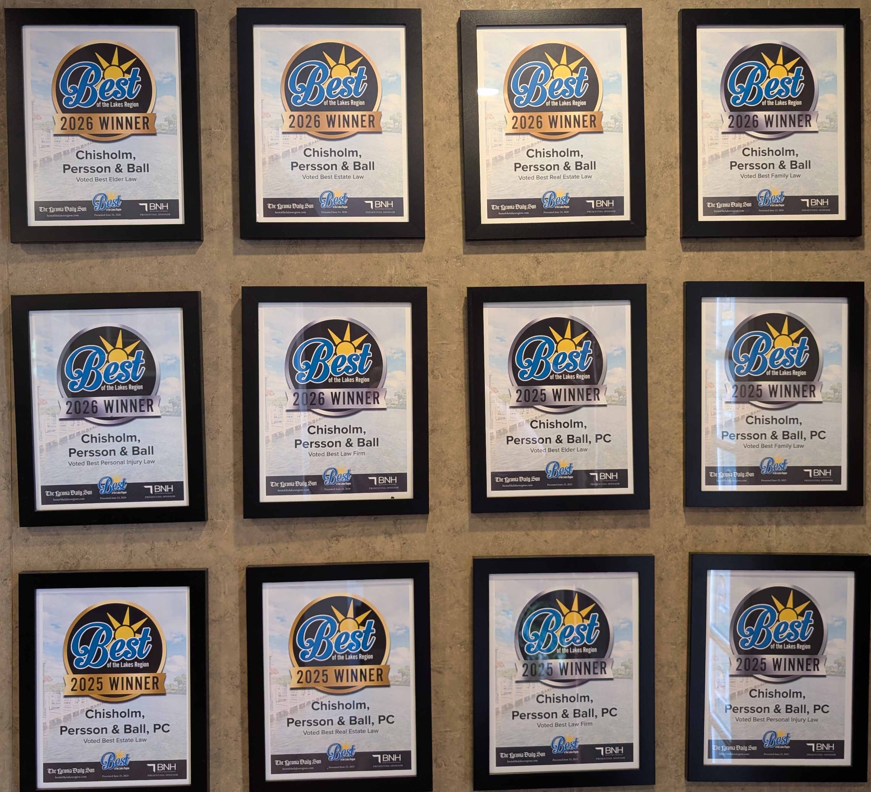 Best of Lakes Region award plaques — Chisholm, Persson & Ball